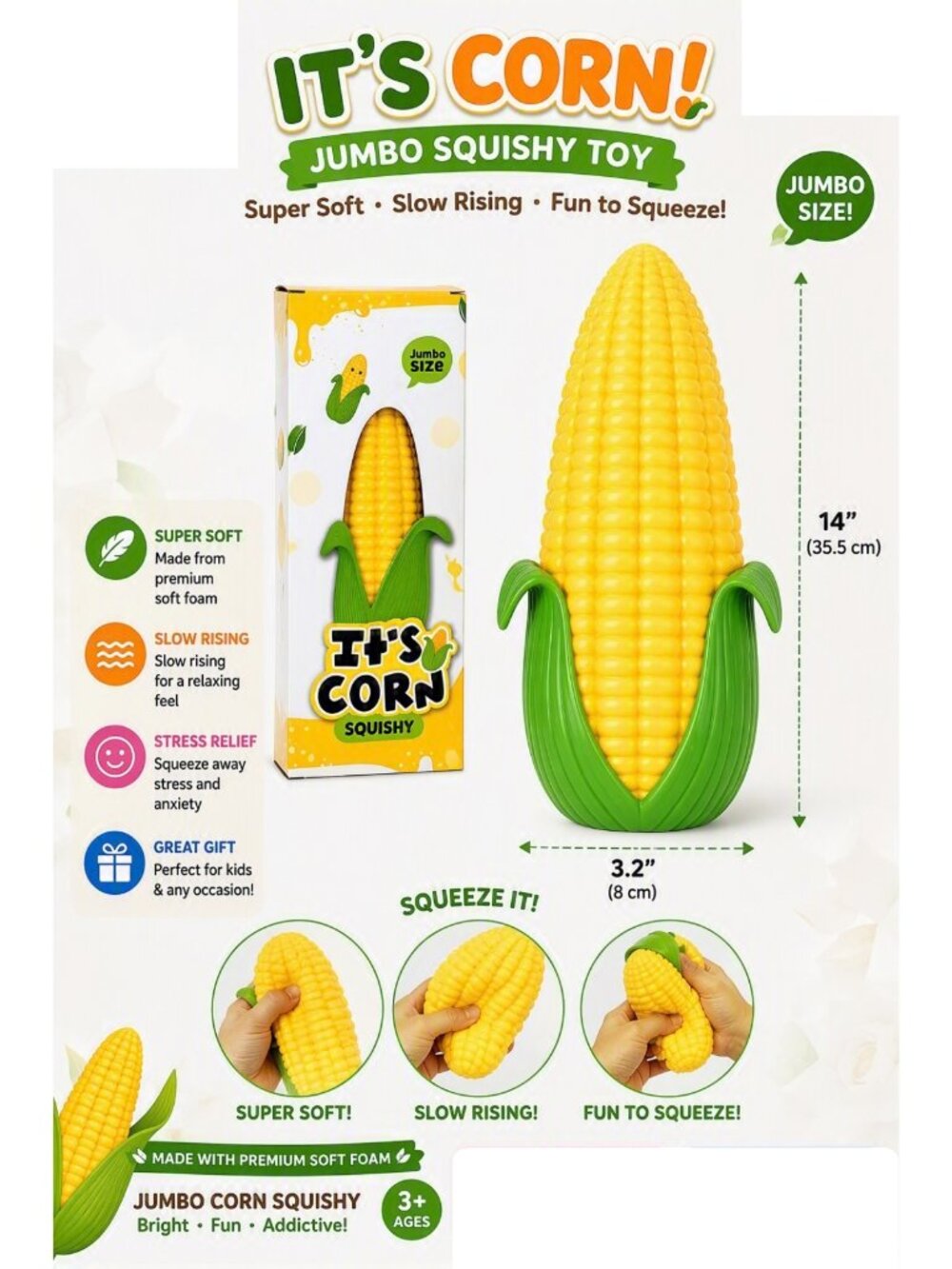 It's Corn! 14" Jumbo Squishy Toy Super Soft Slow Rising Foam Cob